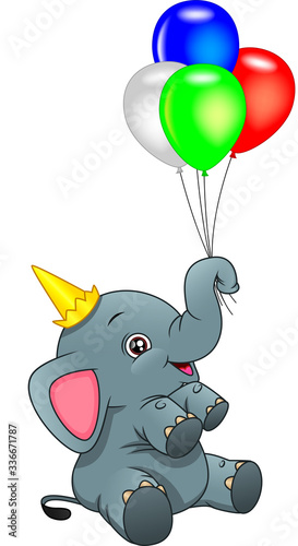 cute elephant holding balloons on a white background