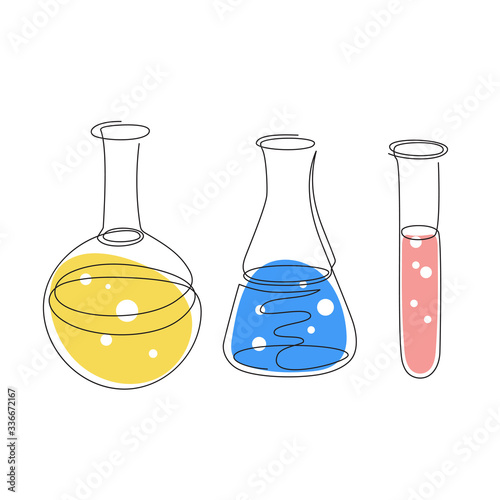 Medical flasks with various liquids. Test tubes are drawn in one line.