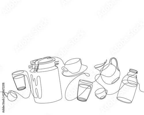 Milk can, jug, glass and bottle. Kitchen pattern. Cooking. One line drawing.
