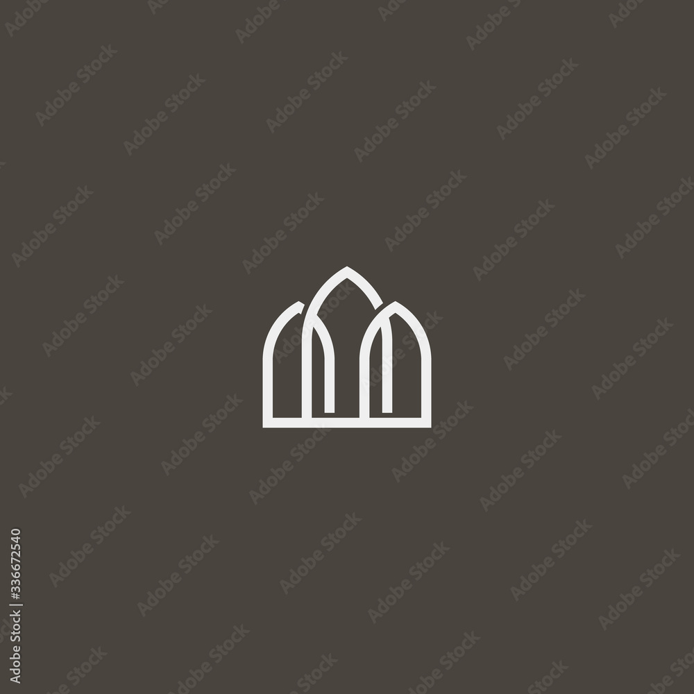 white sign on a black background. simple vector line art outline iconic sign of three gothic pointed arches or windows white sign on a black background. simple vector line art outline iconic sign of three gothic pointed arches or windows