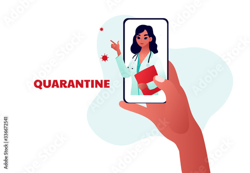 Young beautiful woman doctor on the phone screen. Quarantine type. Covid-19 Prevention recommendation. Coronavirus Outbreak Tips. Vector illustration.