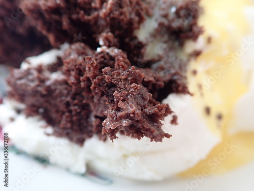 chocolate crumble dessert with cream photo