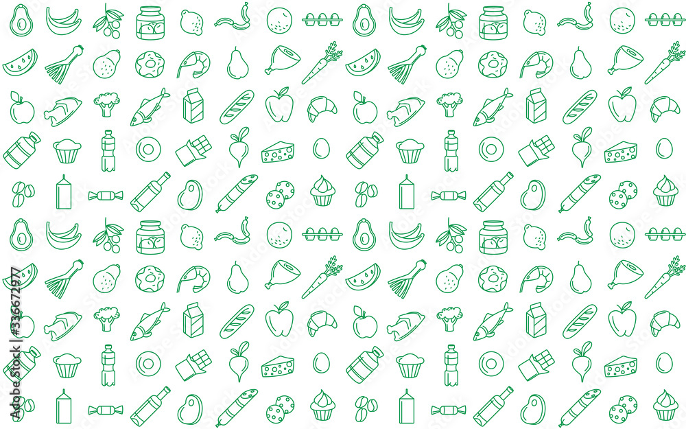 Seamless pattern supermarket grosery store food, drinks, vegetables, fruits, seafood, meat, dairy, sweets Seamless pattern supermarket grosery store food, drinks, vegetables, fruits, seafood, meat, dairy, sweets