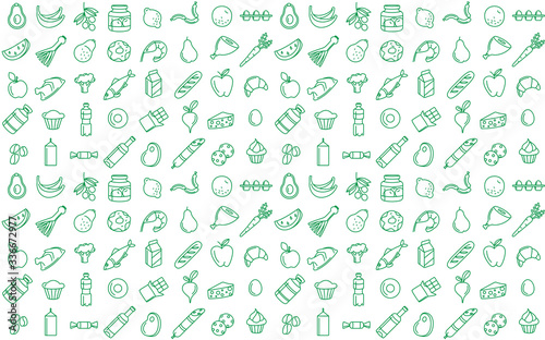 Seamless pattern supermarket grosery store food, drinks, vegetables, fruits, seafood, meat, dairy, sweets