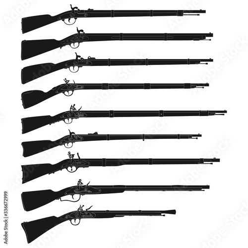 Vector monochrome icon set with Antique Rifles