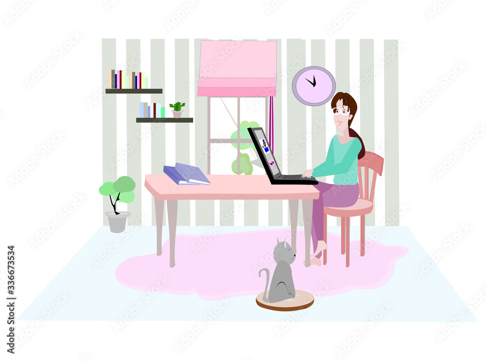 Woman working at home and online conference. people using laptop for social distancing .  People illustration on isolate white background. Cartoon character person flat design .