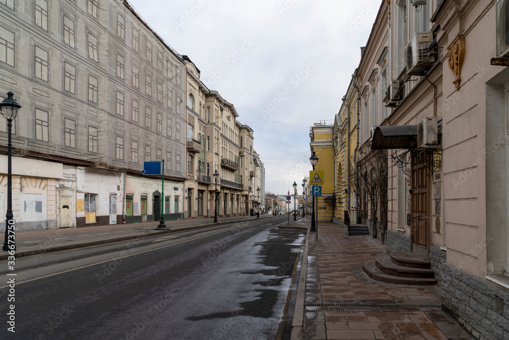 Moscow, Russia, April 5, 2020 - Moscow center Big Nikitskaya street. Moscow isolated due to coronavirus.