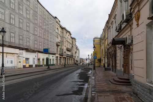 Moscow, Russia, April 5, 2020 - Moscow center Big Nikitskaya street. Moscow isolated due to coronavirus.