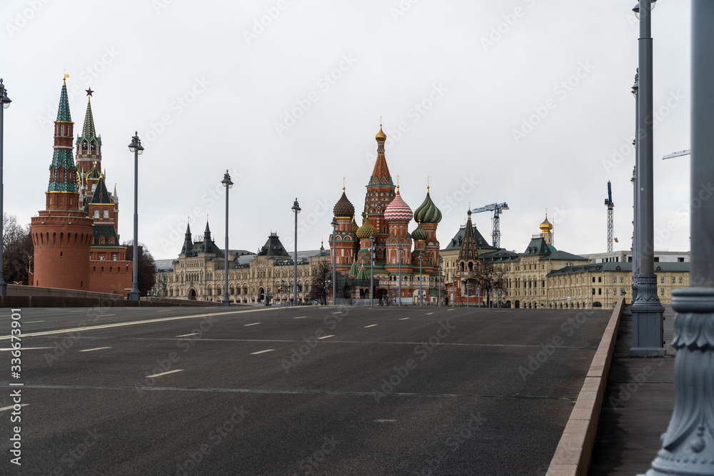 Moscow, Russia, April 5, 2020 -St. Basil's Cathedral, Kremlin. Moscow isolated due to coronavirus.