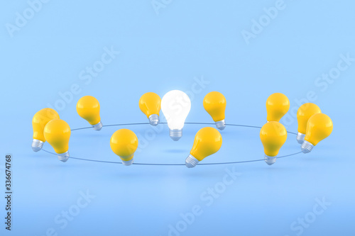 Quadro em tela Minimal conceptual idea of light bulb surround with yellow bulbs on blue background