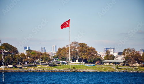 Turkey flag and Istanbul view - travel background