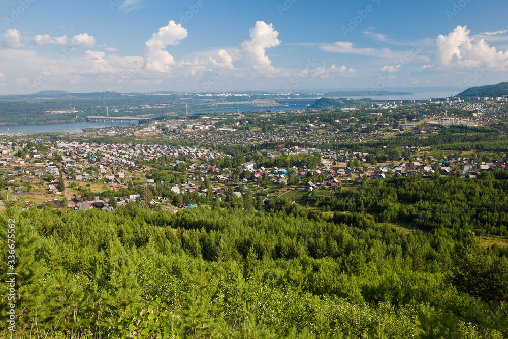 aerial view of the forest and town