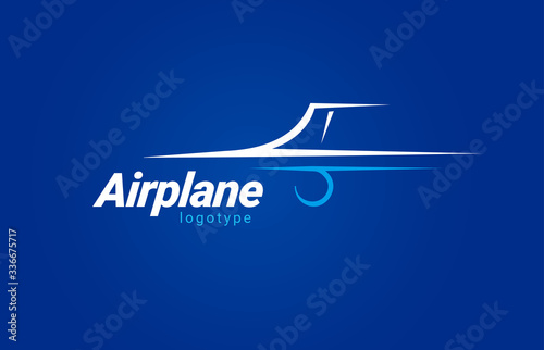 Airplane logo flight plane silhouette white color blue background