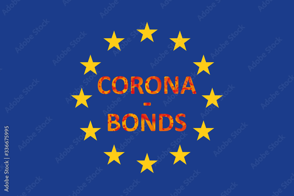 Schriftzug Corona-bonds mit Eurosterne auf blauem Hintergrund.
