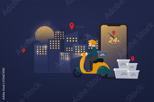 Night food delivery service E-commerce concept by scooter courier. Hand holding mobile application tracking a delivery riding 24 hour on a moped. city skyline in the background, vector
