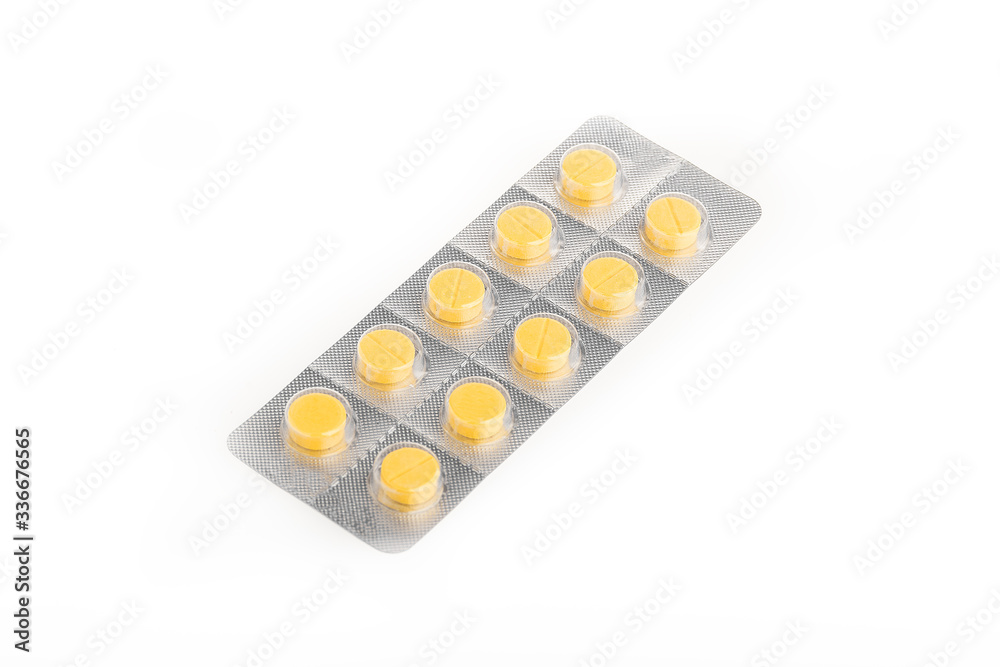 Pack of pills isolated on white background close up. Pack of pills isolated on white background close up.