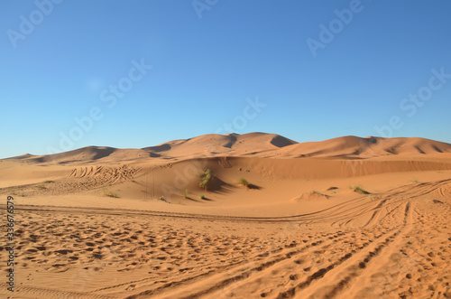 Merzouga is a small Moroccan town in the Sahara Desert  near the Algerian border. Beautiful sand dunes with blue sky.