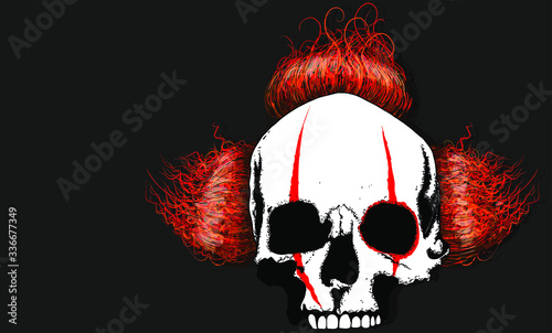 angry human skull with red shreds of sloppy clown hair