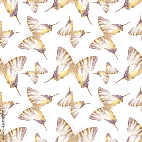 Watercolor seamless pattern with beautiful butterflies, endless wallpaper.