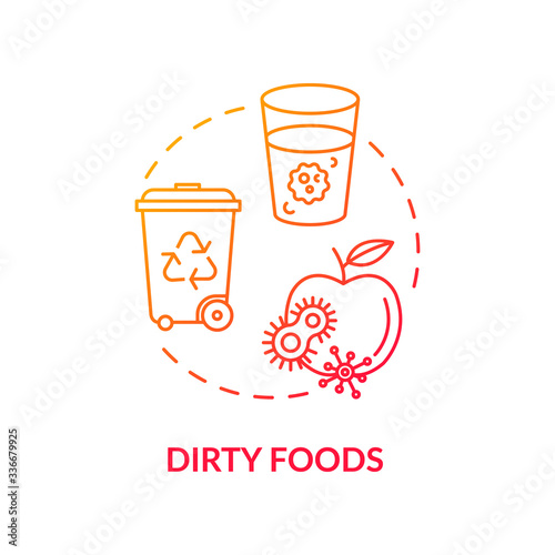 Dirty foods red concept icon. Spoiled apple. Bacteria spread. Foodborne disease. Contaminated water. Rotavirus cause idea thin line illustration. Vector isolated outline RGB color drawing