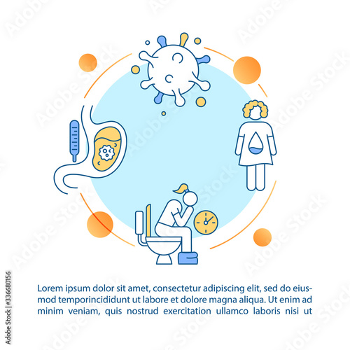 Rotavirus symptoms concept icon with text. Foodborne infection signs. Salmonella bacteria PPT page vector template. Brochure, magazine, booklet design element with linear illustrations