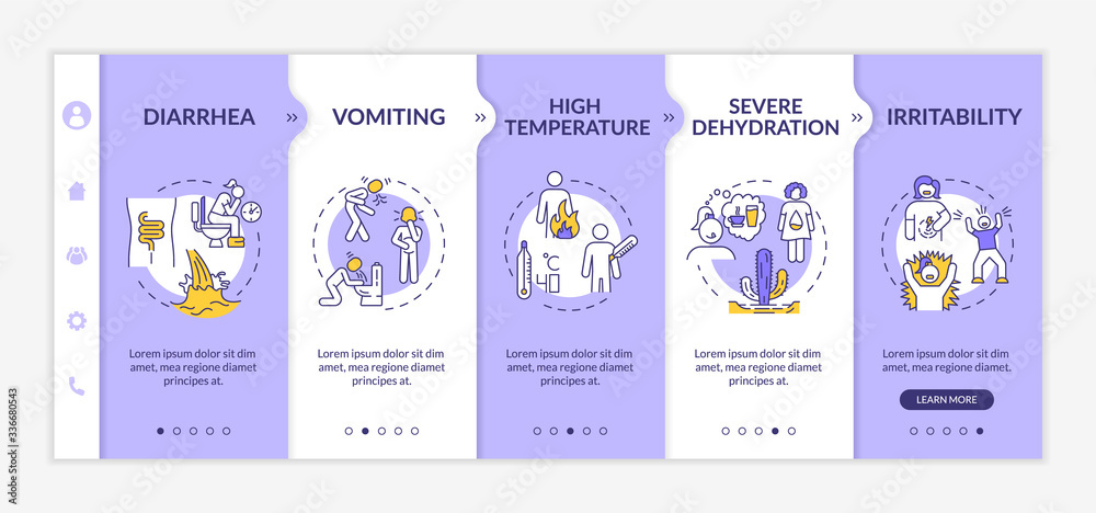 Rotavirus symptoms onboarding vector template. Diarrhea, vomiting, dehydration stomach flu signs. Responsive mobile website with icons. Webpage walkthrough step screens. RGB color concept