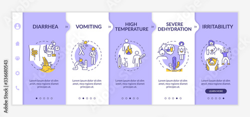 Rotavirus symptoms onboarding vector template. Diarrhea, vomiting, dehydration stomach flu signs. Responsive mobile website with icons. Webpage walkthrough step screens. RGB color concept