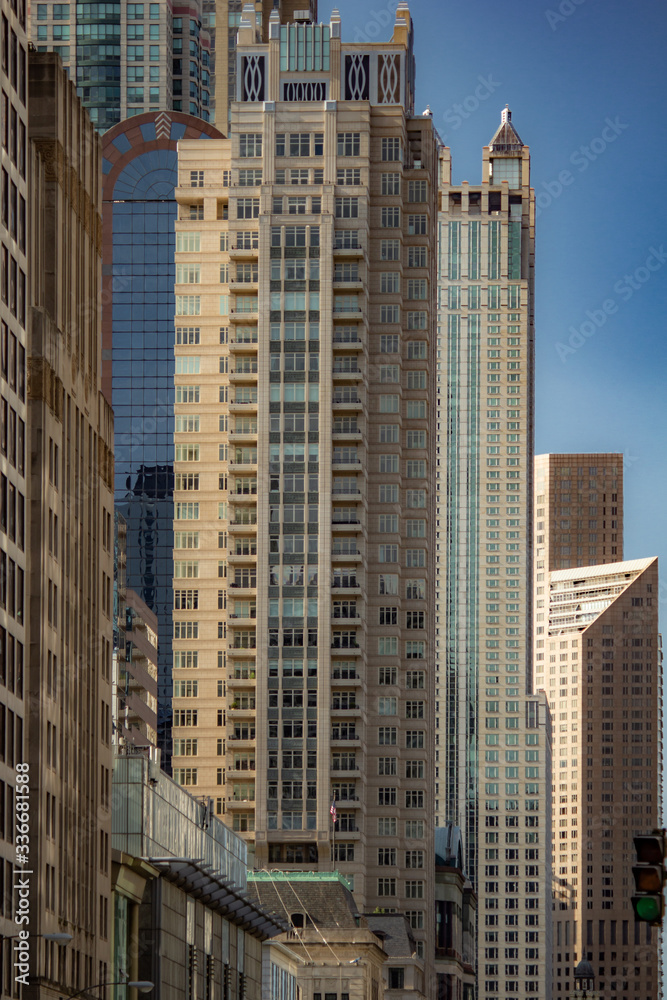 Chicago in summer with clear skies with buildings and greenery