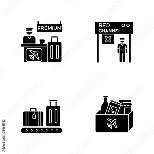 Airport terminal black glyph icons set on white space. Premium service desk. Red channel for transit to plane. Luggage on trolley. Duty free shopping. Silhouette symbols. Vector isolated illustration