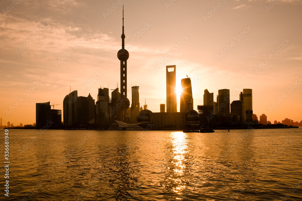 Skyline of Pudong and Lujiazui at sunrise across the Huangpu river, Shanghai, China, Asia