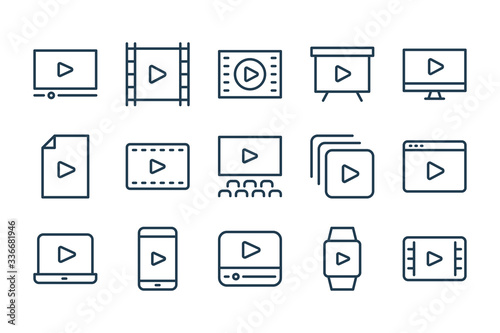 Online Cinema and Network Television line icons. Film and Online Video vector linear icon set. © NikWB