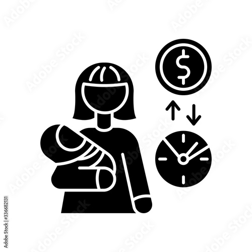 Babysitter pay rate black glyph icon. Income from babysitting services. Earn money for child care. Woman with infant baby. Silhouette symbol on white space. Vector isolated illustration