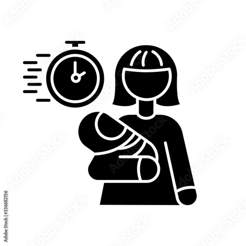 Emergency babysitter black glyph icon. Babysitting service worker. Urgent day care help. Quick assistance with infant. Woman with kid. Silhouette symbol on white space. Vector isolated illustration