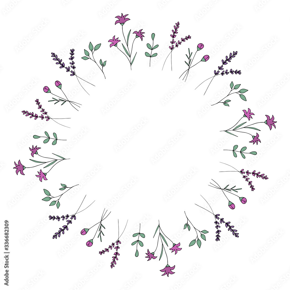 Decorative cute wreath of simple flowers and plants in doodle style. Lavender. Provence.Isolated object on a white background. Vector stock illustration. Decorative cute wreath of simple flowers and plants in doodle style. Lavender. Provence.Isolated object on a white background. Vector stock illustration.