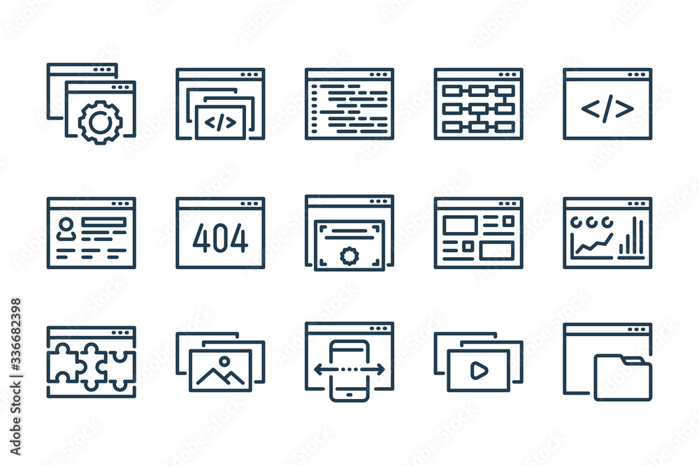 Web Development and Website Configuration related line icon set. Online Web Hosting and Website Content linear vector icons. Web Development and Website Configuration related line icon set. Online Web Hosting and Website Content linear vector icons.