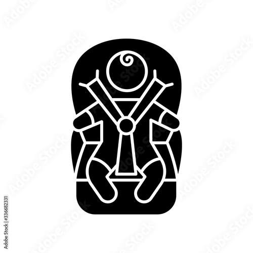 Child transportation black glyph icon. Baby in carseat. Drive infant child safely. Comfortable and secure seat for newborn kid. Silhouette symbol on white space. Vector isolated illustration
