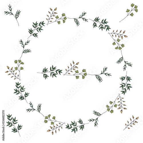 Set of green plants and cute forest pink flowers in doodle style and decorative wreath with pattern brush. Isolated objects on a white background. Vector stock illustration.