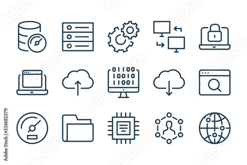 Network services and Web support line icons. Database development and Web technology vector linear icon set.