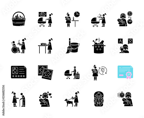 Babysitter service black glyph icons set on white space. Night time nanny for infant kid. Full and part time child care. Pet sitting. Social worker. Silhouette symbols. Vector isolated illustration