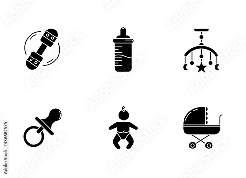 Baby care service black glyph icons set on white space. Toys for infants. Decoration for newborn bedroom. Pacifier and feeding bottle. Infant child. Silhouette symbols. Vector isolated illustration