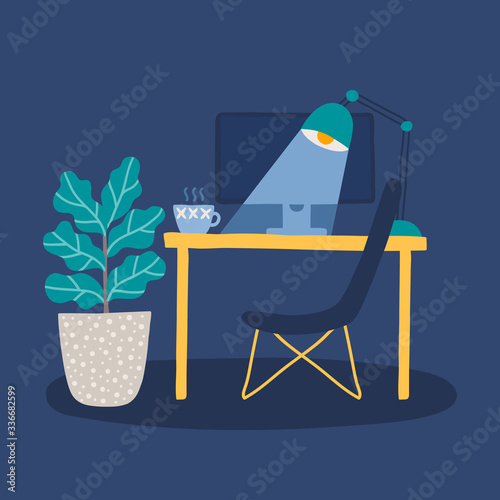 Home office interior - table, lamp, monitor, ficus, cup of drink