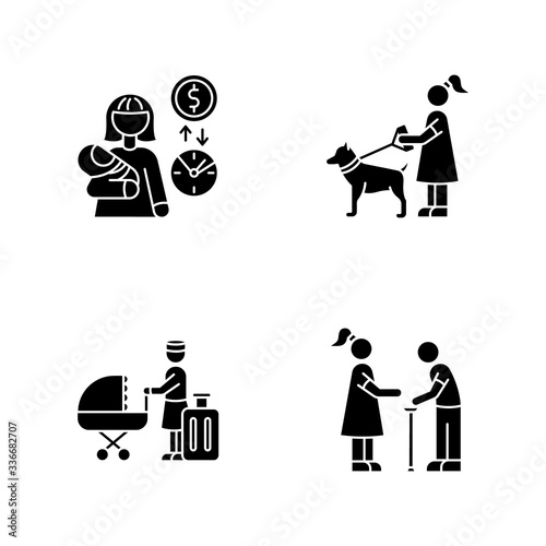 Babysitting service black glyph icons set on white space. Babysitter job pay rate. Pet sitting. Hotel sitter for children. Senior help. Elder person. Silhouette symbols. Vector isolated illustration