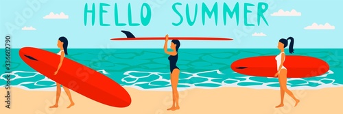 Vector Hello Summer poster background. Flat horizontal banner. Windsurfing boards and girls. Vector illustration