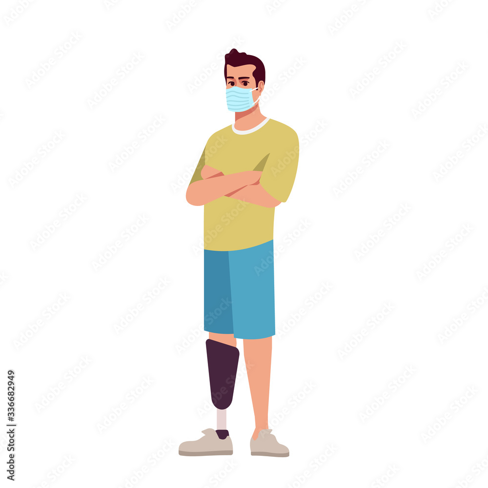 Disabled man in surgical mask semi flat RGB color vector illustration. Caucasian guy with artificial limb isolated cartoon character on white background. Personal protection against coronavirus