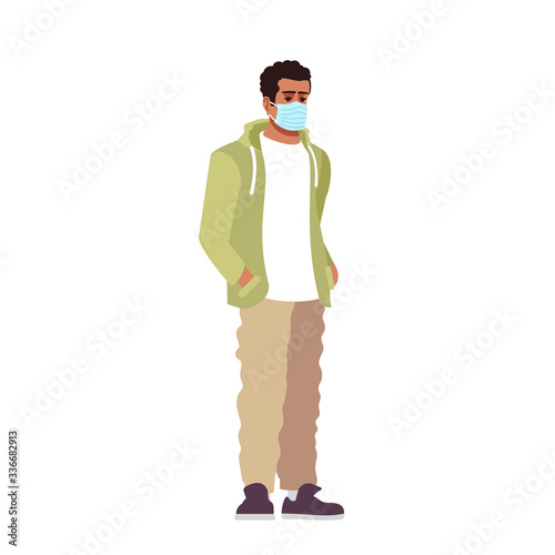 Guy in surgical mask semi flat RGB color vector illustration. Young latino man in pandemic time isolated cartoon character on white background. Dangerous covid19 virus and air pollution protection