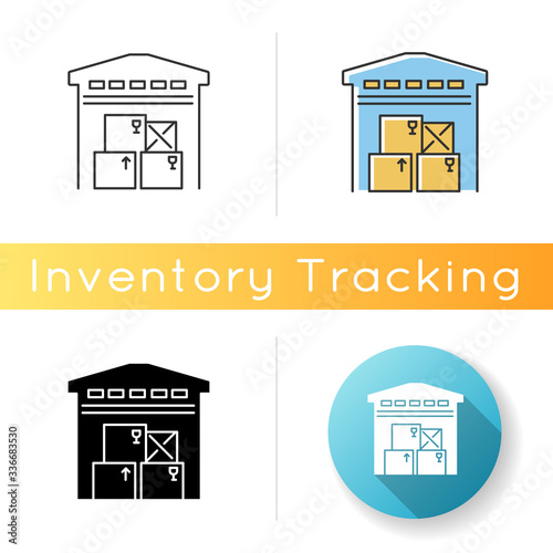 Warehousing icon. Merchandise storage, storehouse building, stockroom exterior. Industrial premises, factory floor. Linear, black and RGB color styles. Isolated vector illustrations