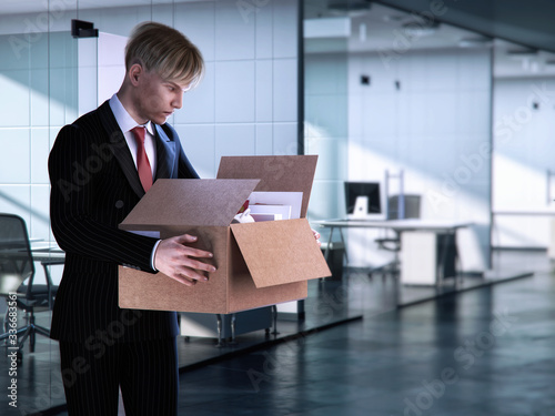 Unemployed dismissed young businessman with cardboard box. Business shutdown due to outbreak of covid-19 coronavirus disease. Unemployment crisis, corona virus pandemic impact on business 3D concept