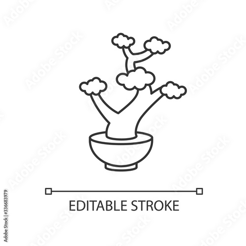 Bonsai pixel perfect linear icon. Tiny cultivated potted tree. Decorative gardening. Thin line customizable illustration. Contour symbol. Vector isolated outline drawing. Editable stroke