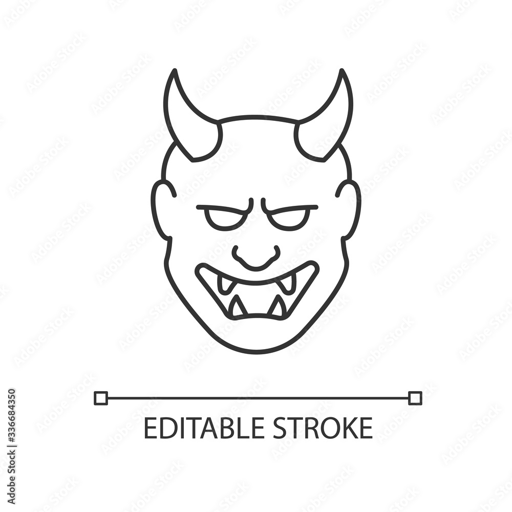 Japanese mask pixel perfect linear icon. Hannya face. Evil mythological creature from folklore. Thin line customizable illustration. Contour symbol. Vector isolated outline drawing. Editable stroke Japanese mask pixel perfect linear icon. Hannya face. Evil mythological creature from folklore. Thin line customizable illustration. Contour symbol. Vector isolated outline drawing. Editable stroke