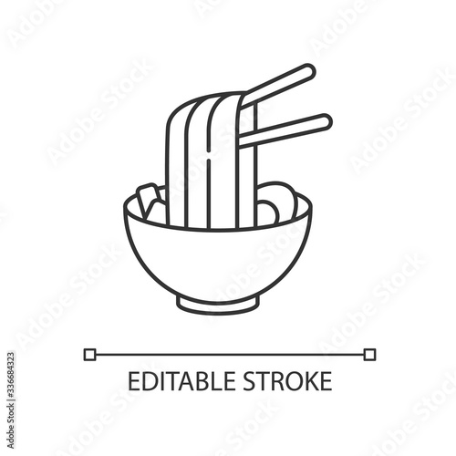 Ramen pixel perfect linear icon. Instant noodles in bowl with chopsticks. Japanese soba. Thin line customizable illustration. Contour symbol. Vector isolated outline drawing. Editable stroke